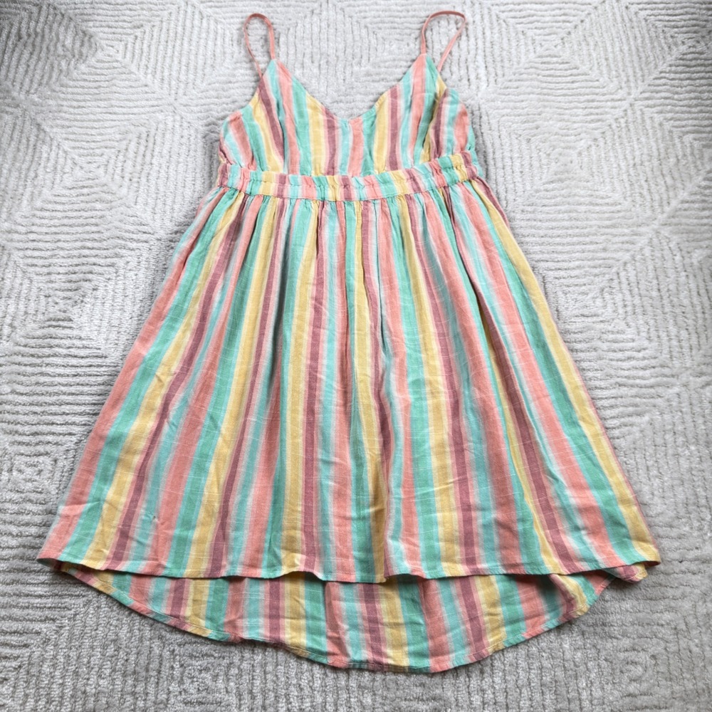O'Neill Kenzie Stripe Dress Women M  Clowncore Babydoll Linen Rainbow Whimsical